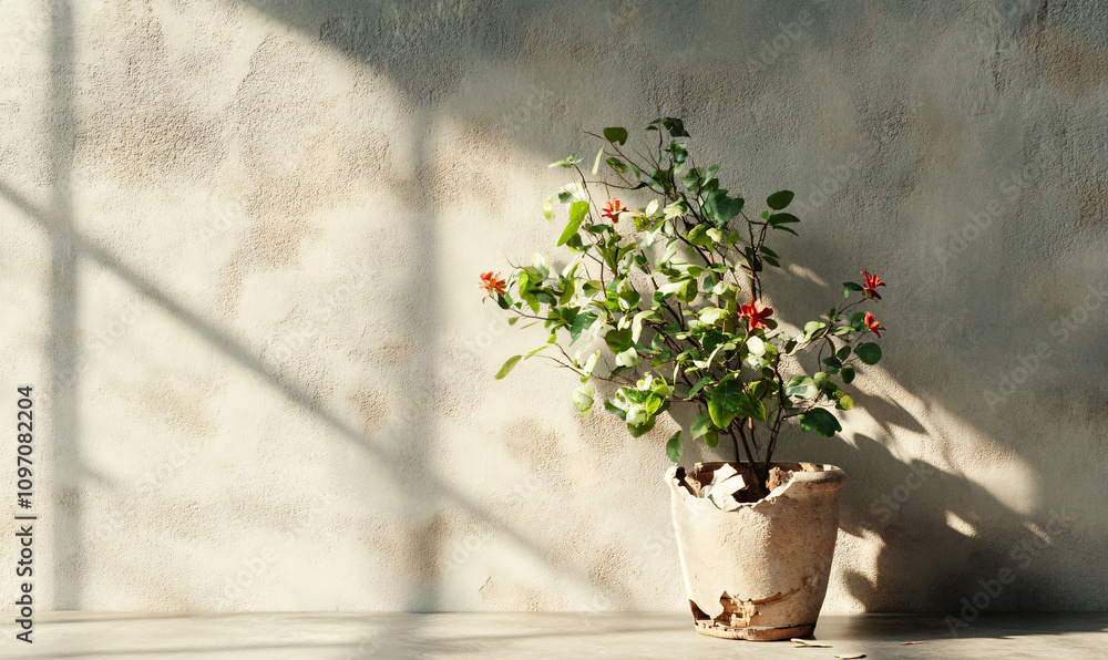 Minimalistic Room with a Potted Plant in Sunlight Minimalistic Room with a Potted Plant in Sunlight