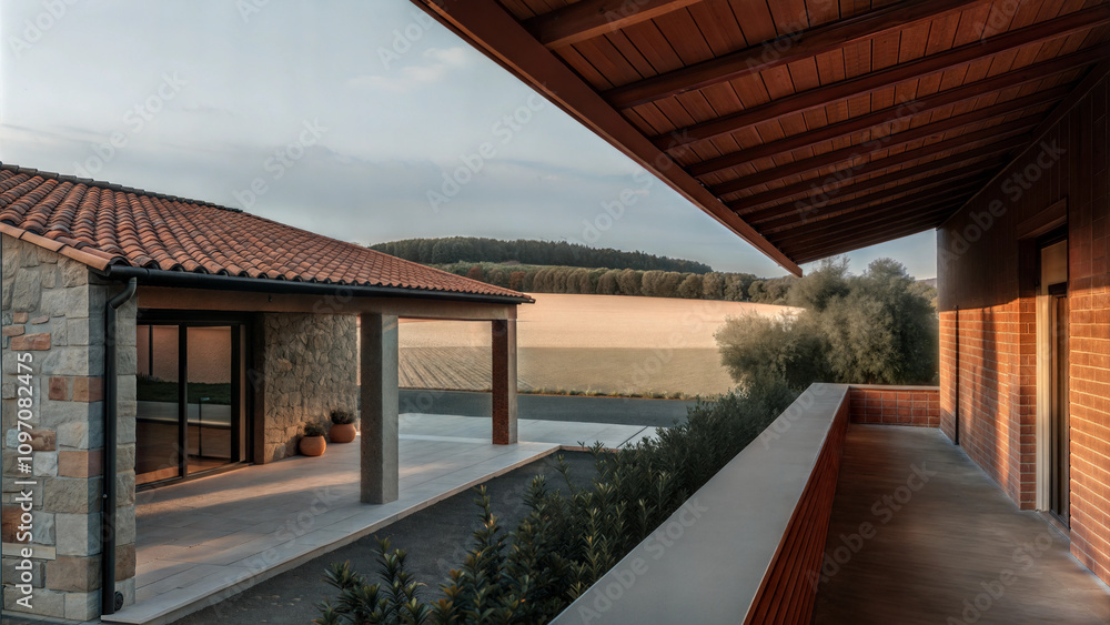 Modern villa with wooden balcony and countryside views Modern villa with wooden balcony and countryside views