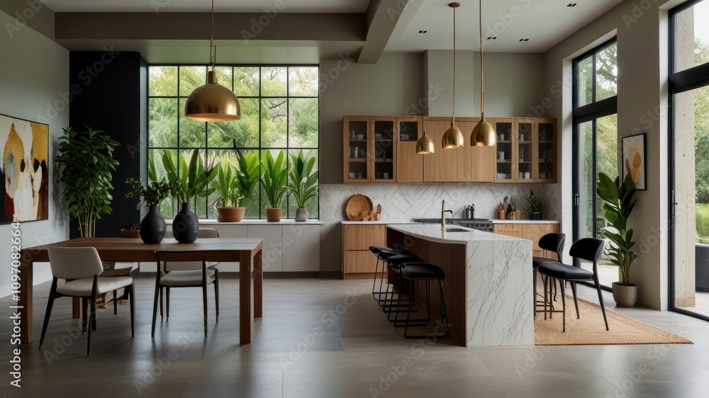 Fototapeta premium Modern kitchen and dining area with large windows, wooden cabinets, and marble island.