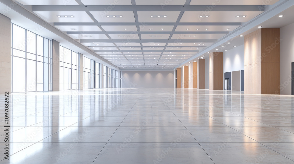 An empty convention hall with tile floors is ready for an event. It's a 3D model showing blank exhibit spaces. An empty convention hall with tile floors is ready for an event. It's a 3D model showing blank exhibit spaces.