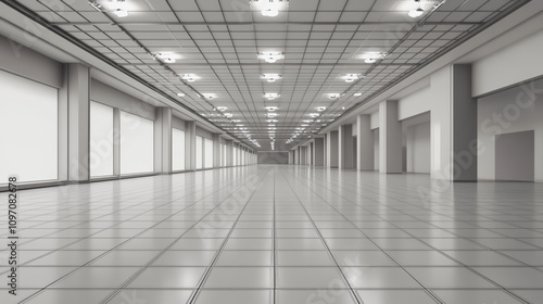 An empty convention hall with tile floors is ready for an event. It's a 3D model showing blank exhibit spaces.