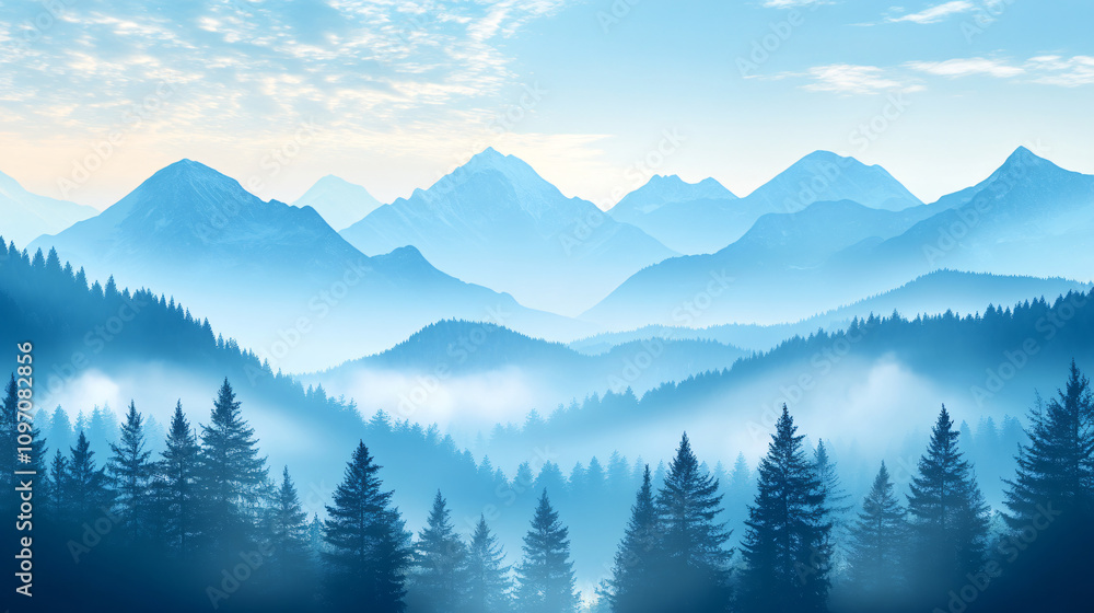Fototapeta premium Gorgeous misty valley and distant mountains silhouetted against a blue sky