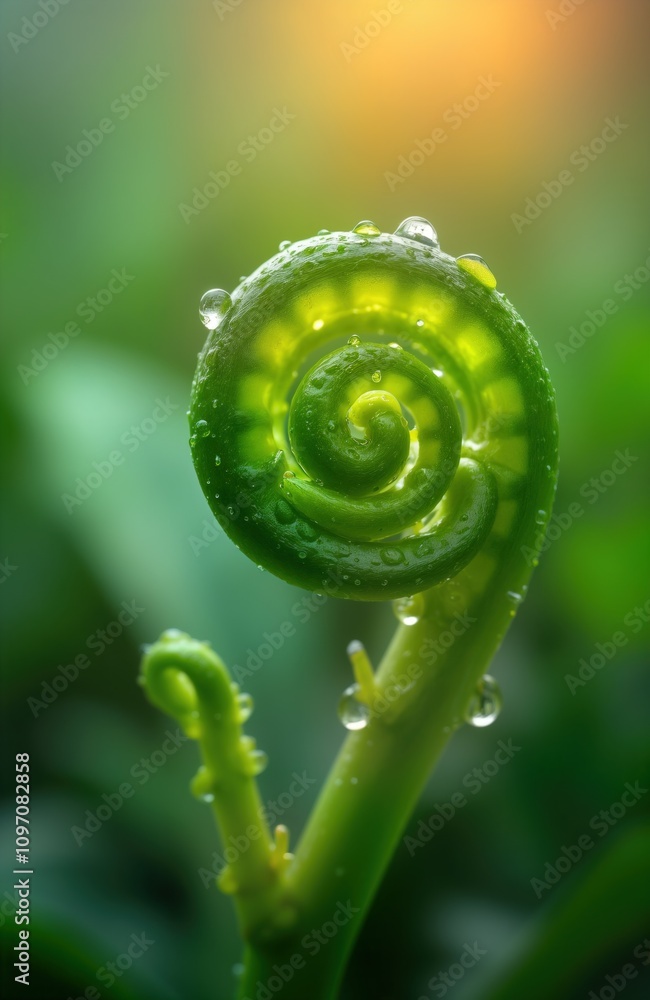 Fern frond uncurling. Spiral green leaf. Young plant growth. Dew drops on foliage. Macro nature botany. Rich vibrant spring garden. Fresh natural texture. Tropical plant closeup. Botanical detail. Fern frond uncurling. Spiral green leaf. Young plant growth. Dew drops on foliage. Macro nature botany. Rich vibrant spring garden. Fresh natural texture. Tropical plant closeup. Botanical detail.