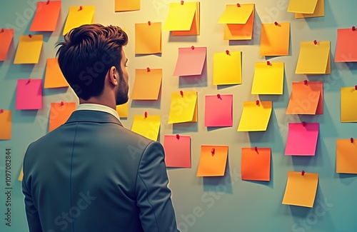 Man in suit examines colorful sticky notes on wall. Business planning brainstorming session. Startup strategy ideas. Office workspace. Innovation concept. Many notes. Problem solving. Creative