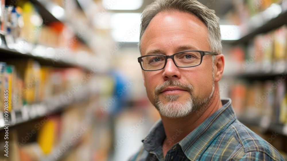 A man in glasses stands in a grocery aisle, looking thoughtfully at the camera. A man in glasses stands in a grocery aisle, looking thoughtfully at the camera.
