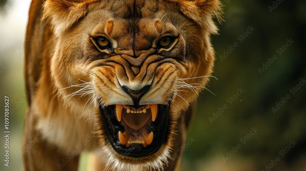 Obraz premium Roaring Lioness: A Close-Up of Untamed Power