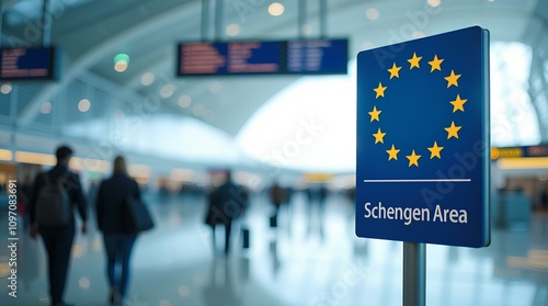 Schengen Area sign with text “ Schengen Area ” with European Union emblem in airport terminal, blurred figures of travelers in the background.
