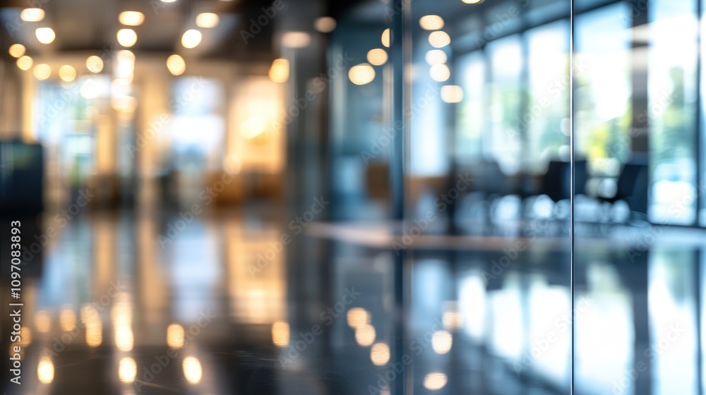 Blurred interior of a modern office space with reflective surfaces and soft lighting. Blurred interior of a modern office space with reflective surfaces and soft lighting.