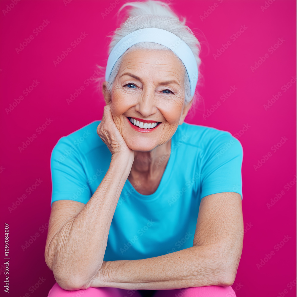 Elderly woman smiles brightly while posing against a vibrant pink background during fitness session Elderly woman smiles brightly while posing against a vibrant pink background during fitness session