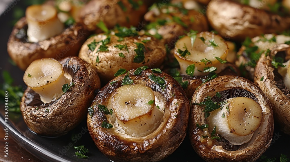 Savory garlic stuffed mushrooms with fresh herbs on a black plate Savory garlic stuffed mushrooms with fresh herbs on a black plate