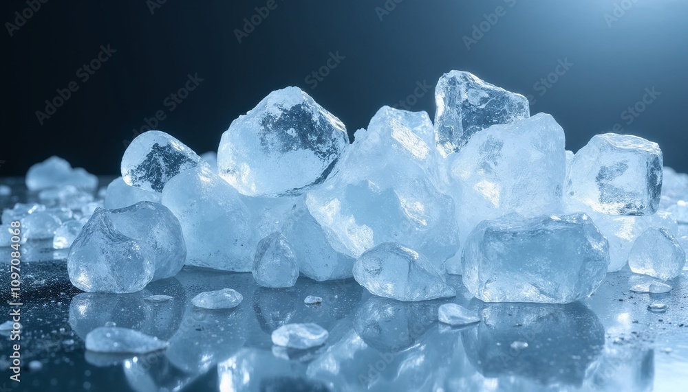 Ice cubes and crushed ice on a reflective surface with cool tones