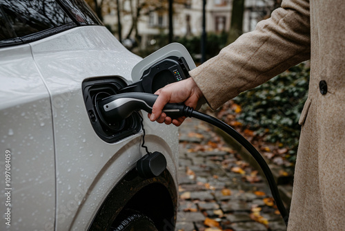 Close-Up of Electric Car Charging in Rain photo