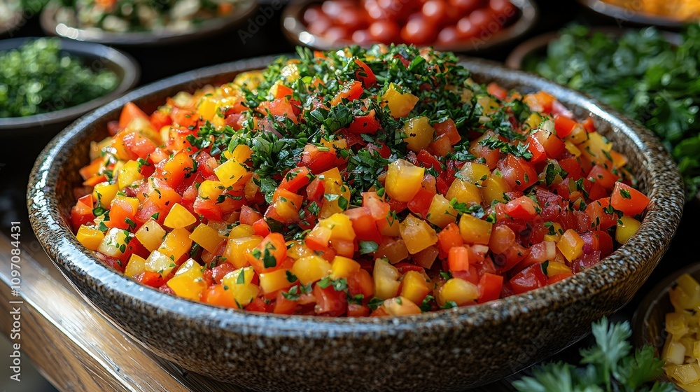 Fresh and colorful pico de gallo salad with tomatoes, peppers, and herbs in a bowl Fresh and colorful pico de gallo salad with tomatoes, peppers, and herbs in a bowl