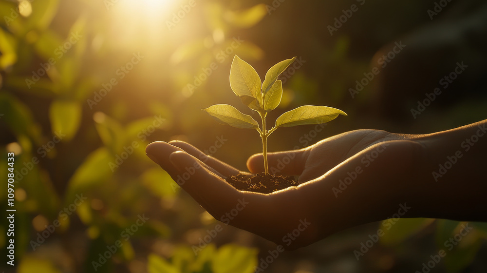 A hand gently holds a small plant growing in sunlight. This image represents environmental care and growth. A hand gently holds a small plant growing in sunlight. This image represents environmental care and growth.