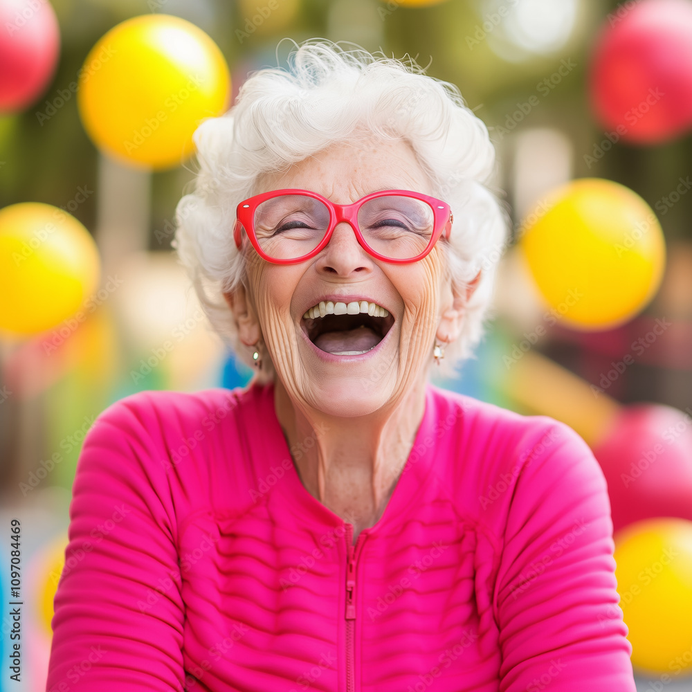 Elderly woman in a pink sweater smiles amid colorful balloons at a sunny gathering Elderly woman in a pink sweater smiles amid colorful balloons at a sunny gathering