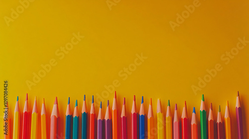 Colorful pencils creating a lower border against a yellow backdrop, with room for text or design