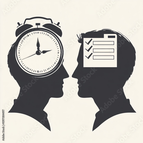 Conceptual Illustration of Human Silhouettes with Clocks and Checklists Inside, Representing Time Management and Productivity