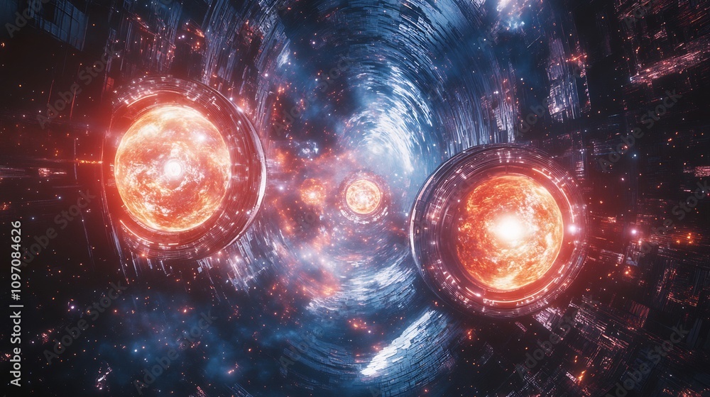 Fototapeta premium Hyperrealistic visualization of a Type II civilizations AIoperated cosmicscale fusion reactor harnessing the energy of multiple stars through quantum synchronization depicted with advanced technology