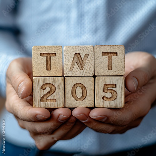 2025 Trends Concept: Man Holding Wooden Block with Text Representing Emerging Trends, Future Predictions, and Innovation in Business, Technology, and Society photo