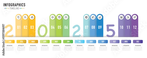 Rectangular timeline infographic template or element with 12 months, step, process, option, colorful circle, rectangle, bar, paper origami, pin, slide