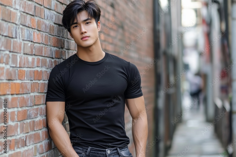 A muscular Asian man in a fitted black t-shirt and ripped jeans, leaning against a brick wall in a bustling city alley. A muscular Asian man in a fitted black t-shirt and ripped jeans, leaning against a brick wall in a bustling city alley.