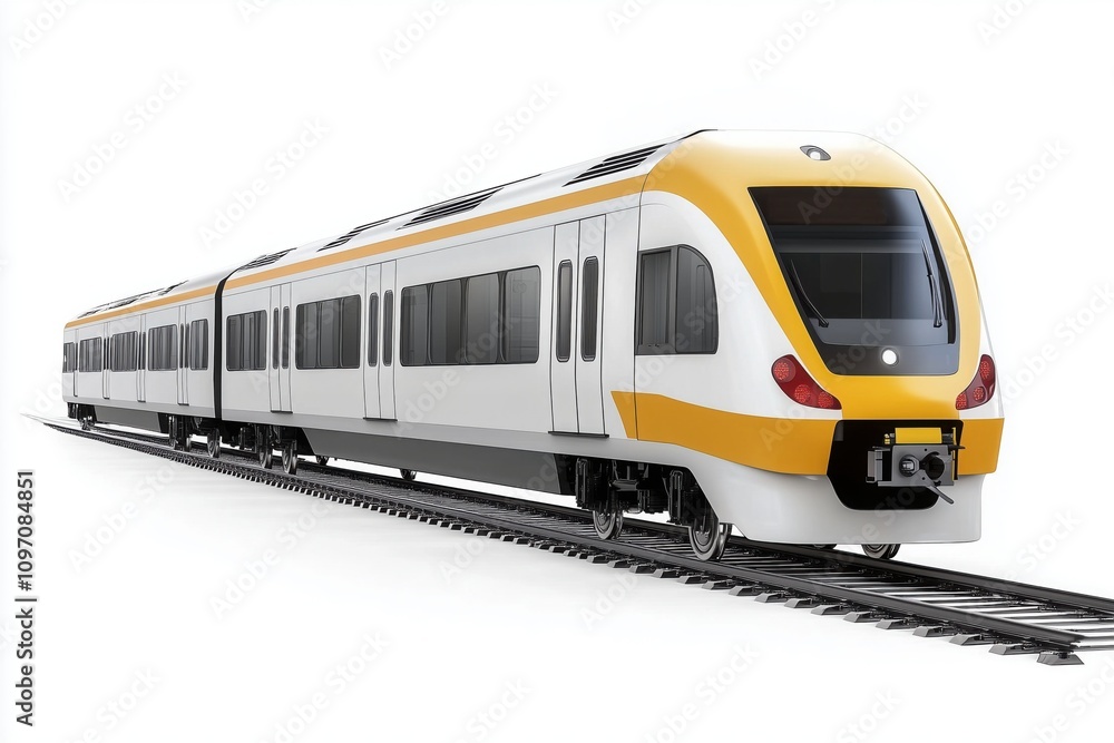 Modern yellow and white passenger express train moving on railway track, isolated on transparent background, ideal for travel and transportation projects Modern yellow and white passenger express train moving on railway track, isolated on transparent background, ideal for travel and transportation projects