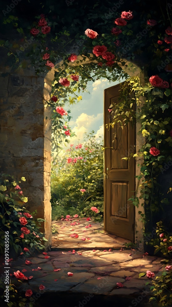 Decorative painted doorway framed by gorgeous flower arrangements photos Decorative painted doorway framed by gorgeous flower arrangements photos
