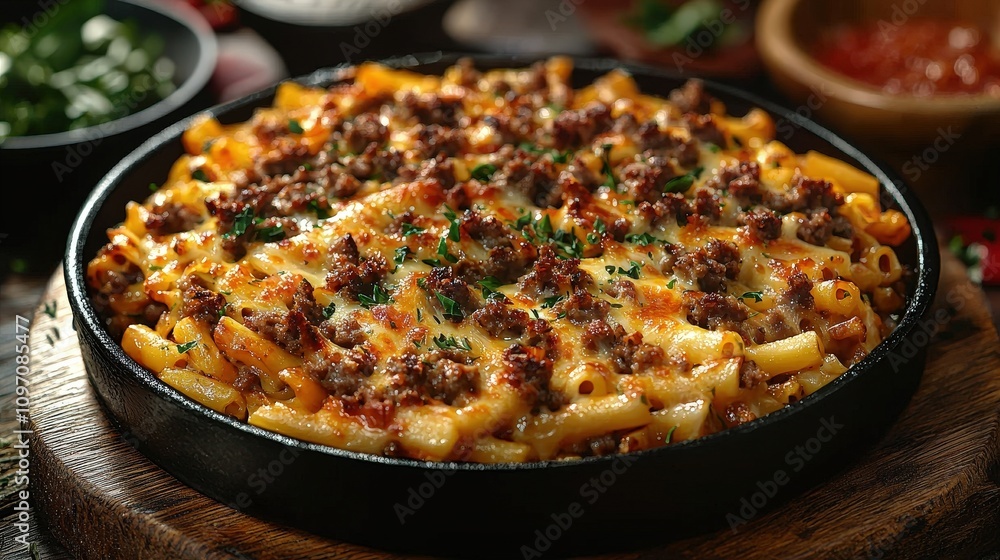 Delicious baked pasta with savory meat and cheese in rustic skillet Delicious baked pasta with savory meat and cheese in rustic skillet