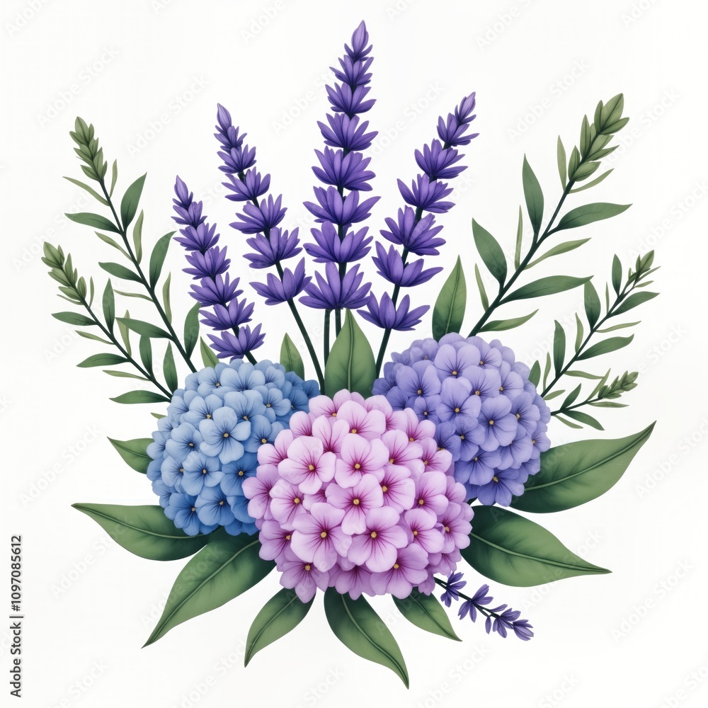 Fototapeta premium Lavender sprigs, purple flowers bouquet. Hydrangea, phlox blossoms. Green leaves. Floral arrangement. Pastel colors. Botanical design. Spring garden. Nature beauty. Romantic decor. Wedding
