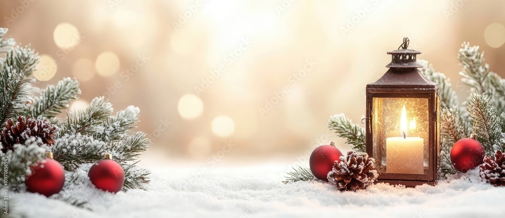 A Christmas lantern with a glowing candle rests on snow set against a bokeh background filled with soft, glowing lights, red ornaments, perfect for holiday cards, festive banners, New Year's template A Christmas lantern with a glowing candle rests on snow set against a bokeh background filled with soft, glowing lights, red ornaments, perfect for holiday cards, festive banners, New Year's template