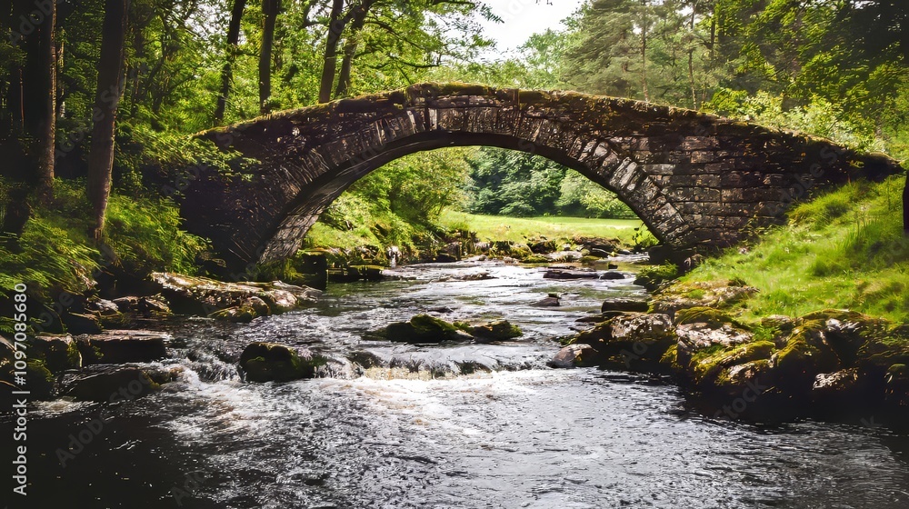 Fototapeta premium Majestic stone arch bridge over a flowing mountain stream