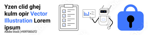 Robot analyzing data, checklist on clipboard, and secure lock representing information security and data analysis. Ideal for technology, data privacy, cybersecurity, automation, business process