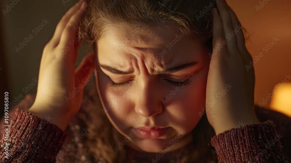 Young overweight woman with a headache, showing discomfort Young overweight woman with a headache, showing discomfort