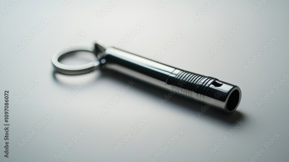 A sleek metal whistle with a keyring, designed for signaling or communication purposes. A sleek metal whistle with a keyring, designed for signaling or communication purposes.