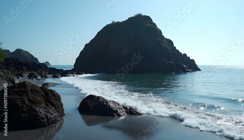 Una gran formación rocosa negra que emerge de las tranquilas y poco profundas aguas de una playa rocosa. El cielo es claro y azul, creando una atmósfera serena y tranquila.