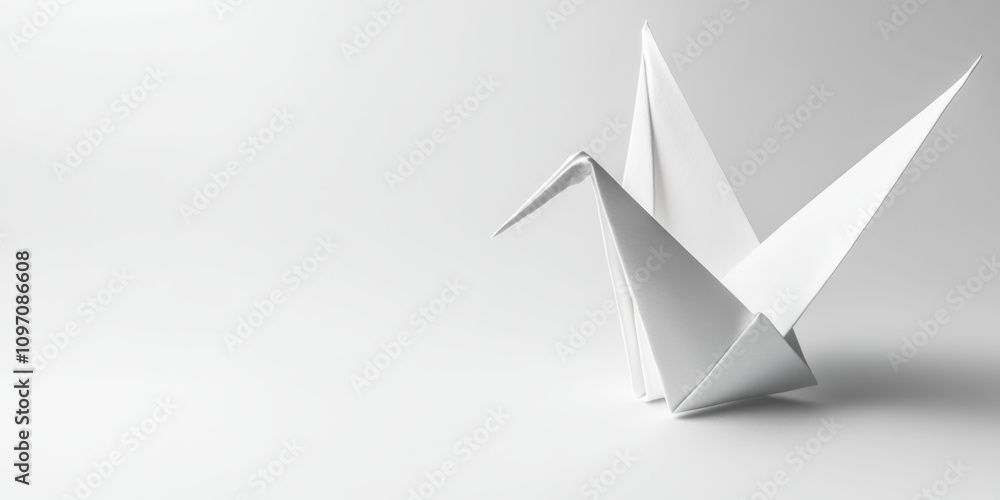 Obraz premium A lone paper crane made from white origami paper, sitting on a stark white surface with a gentle shadow. 