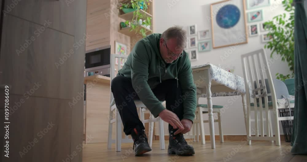 Man crouching and tying boots in a cozy family dining room, surrounded by wooden furniture and warm home decor Man crouching and tying boots in a cozy family dining room, surrounded by wooden furniture and warm home decor