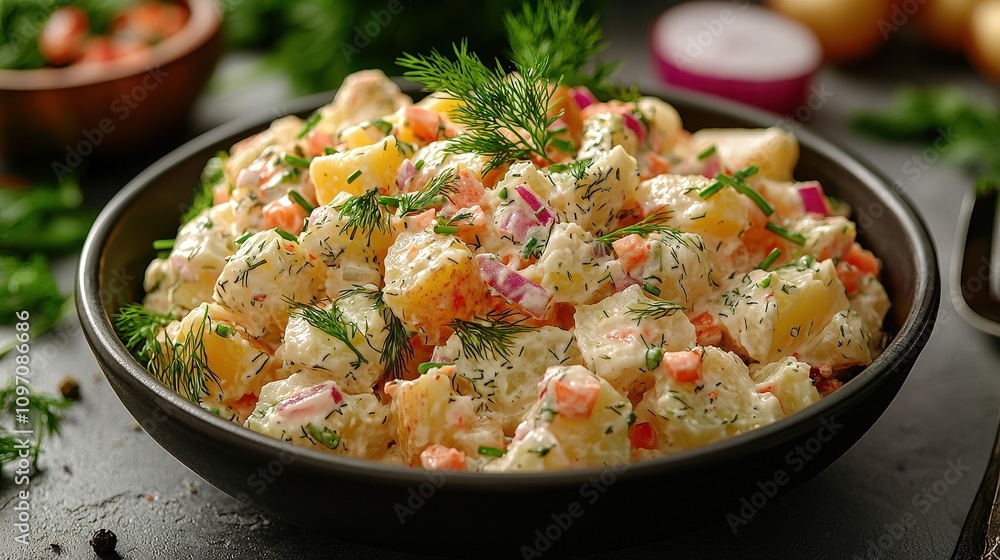 Creamy potato salad with fresh dill and red onion garnished with parsley Creamy potato salad with fresh dill and red onion garnished with parsley