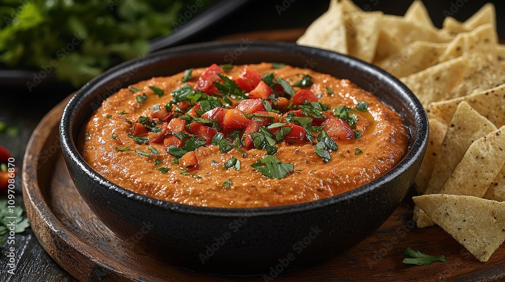 Spicy red pepper hummus with fresh tomatoes and tortilla chips Spicy red pepper hummus with fresh tomatoes and tortilla chips