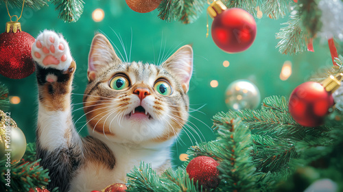 Curious cat peeks through festive holiday decorations