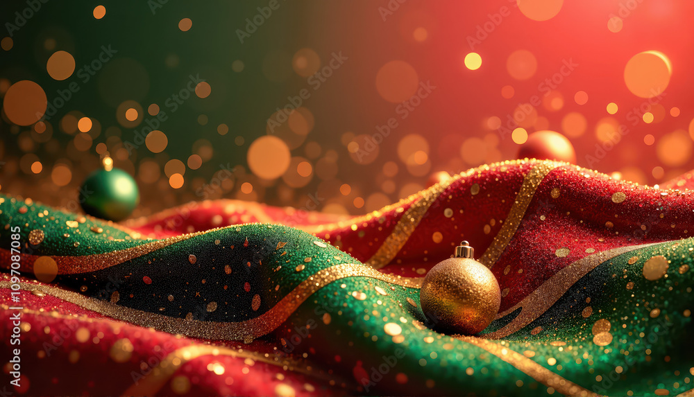 Obraz premium Christmas ornaments on textured fabric, festive atmosphere with colorful bokeh lights