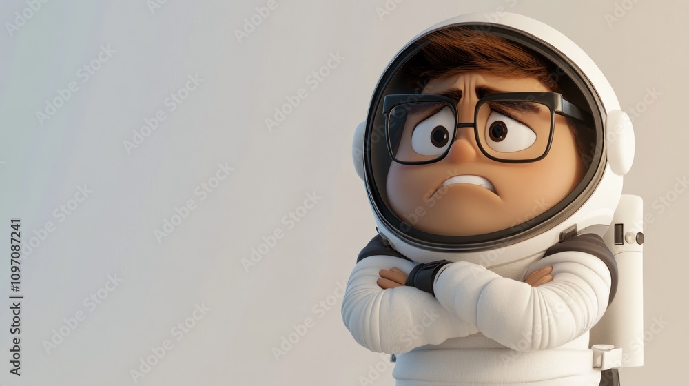 A worried cartoon character in a spacesuit, expressing concern in a whimsical style. A worried cartoon character in a spacesuit, expressing concern in a whimsical style.