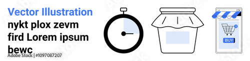 A black stopwatch, a jar with a cloth cover, and a mobile storefront with a shopping cart and BUY button. Ideal for e-commerce, food blogs, digital markets, time management, online sales, cooking