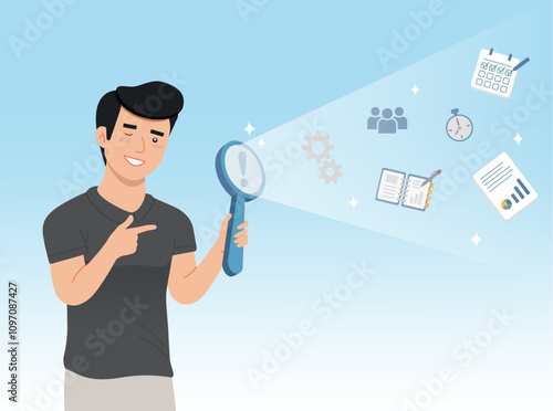 in the search to improve results, research into the process for the best delivery, working time timing processes, graph presentations, man with magnifying glass designing business icons