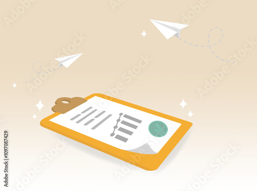 behavioral difference within the company, organization in companies, differences in behavior and practices, presentation of results, clipboard illustration with results in graphs and paper planes