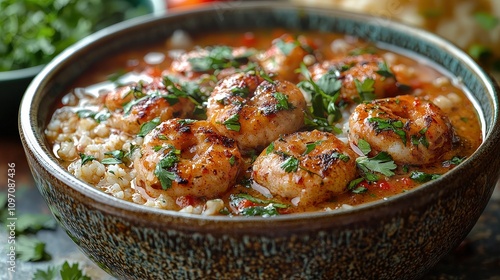 Spicy grilled shrimp with brown rice and fresh herbs in rustic bowl photo