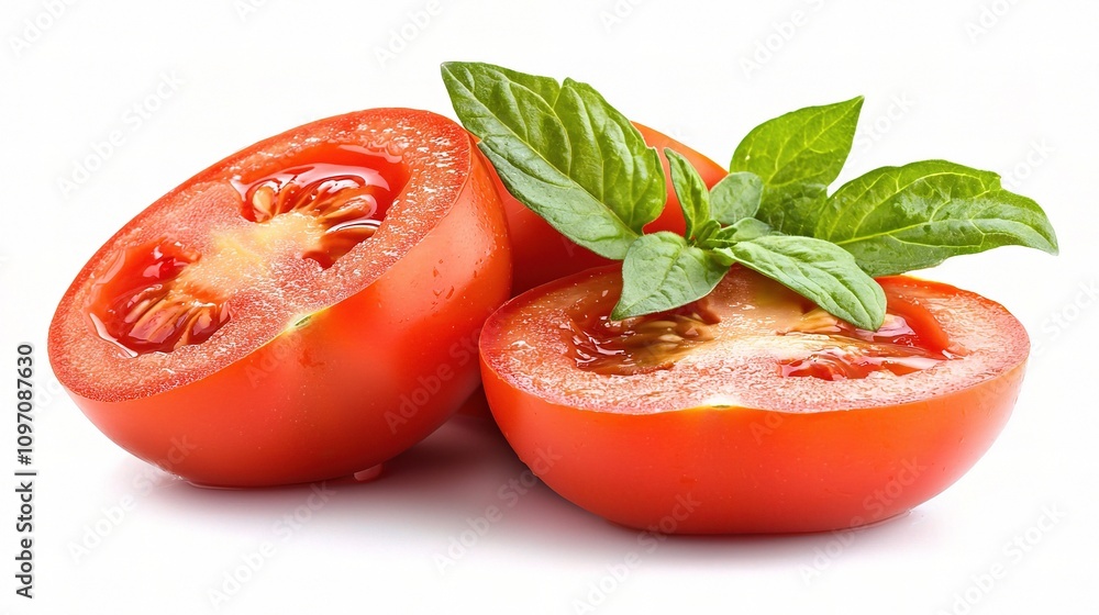 Freshly Sliced Tomato with Basil Leaves Isolated on White Background Freshly Sliced Tomato with Basil Leaves Isolated on White Background