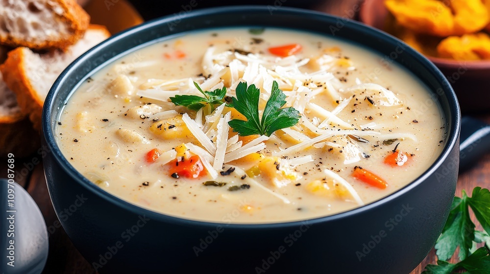 Creamy chicken soup with vegetables and cheese in rustic setting Creamy chicken soup with vegetables and cheese in rustic setting