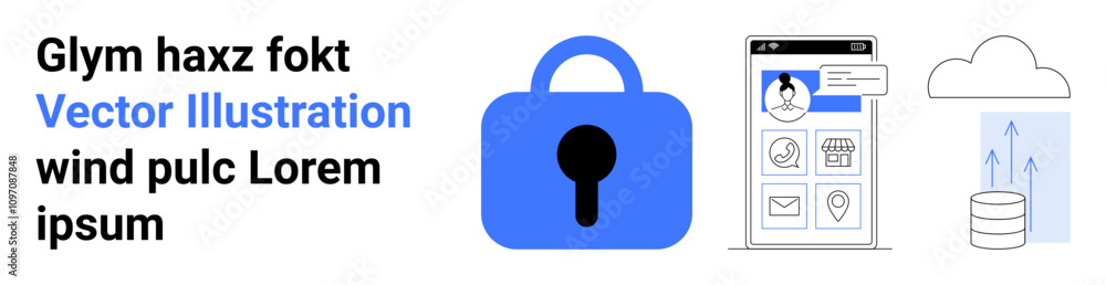 Central blue lock icon, smartphone with profile and app icons, and cloud storage illustration. Ideal for cybersecurity, data protection, mobile security, tech presentations, cloud computing Central blue lock icon, smartphone with profile and app icons, and cloud storage illustration. Ideal for cybersecurity, data protection, mobile security, tech presentations, cloud computing