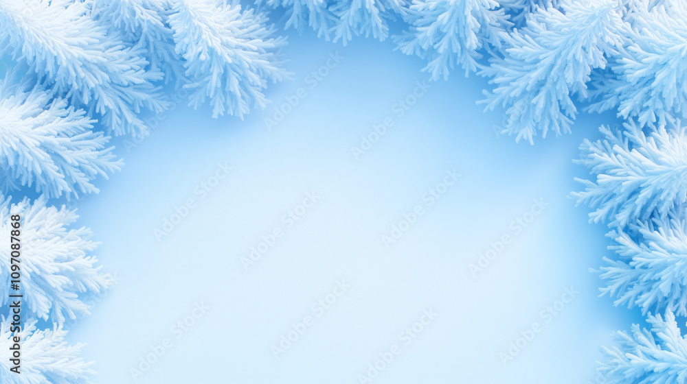 Winter wonderland with frost-covered foliage and blue background Winter wonderland with frost-covered foliage and blue background